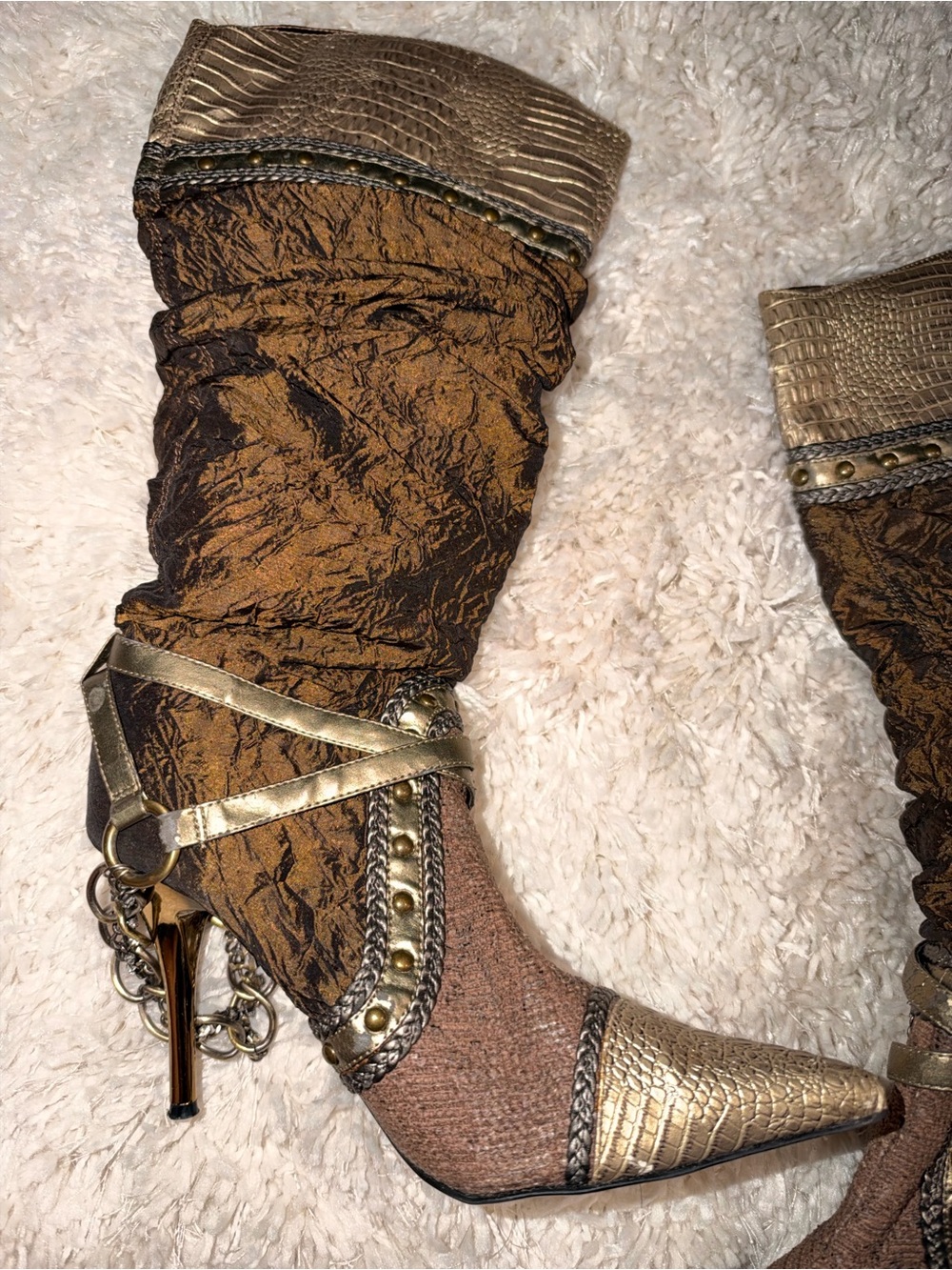 Vintage Y2K Wild Rose Brown & Gold Snakeskin Print Boots - Picture 5 of 11
